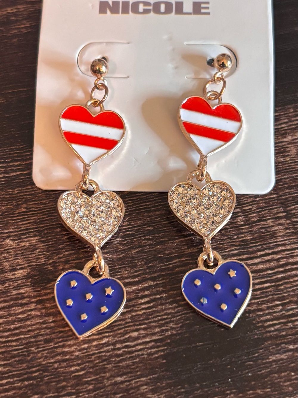 Red,‎ White & Blue Triple Heart Dangle Earrings in Gold Tone